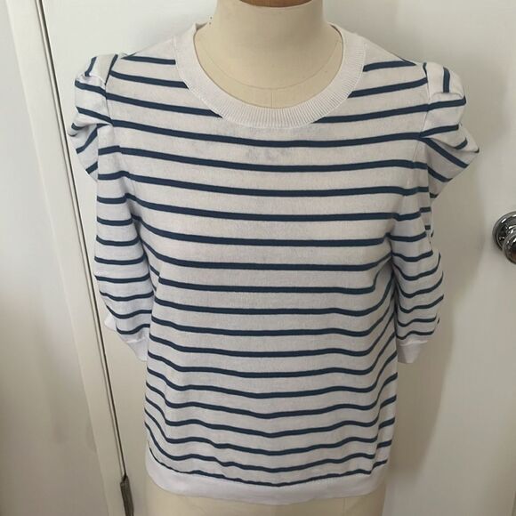 DKNY JEANS Women's Striped Ruched-Sleeve Crewneck Top - Picture 1 of 4